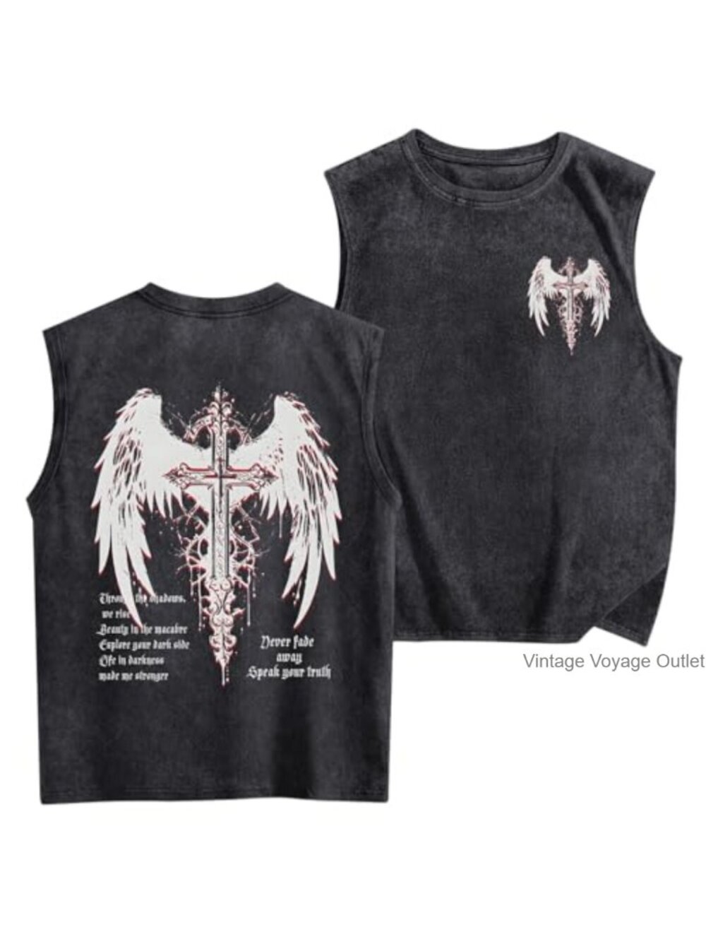 Gothic Cross Graphic Tank Top Men Grunge Streetwear Sleeveless Acid Wash Bible